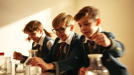 This image captures the dynamic energy of quirky children in school uniforms engrossed in experiments. The strong, hard light