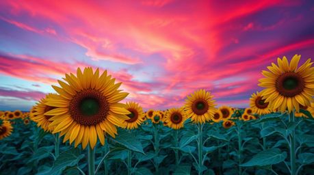 Stunning architectural color photography captures a breathtaking sunflower field bathed in the warm glow of a deep red and pu