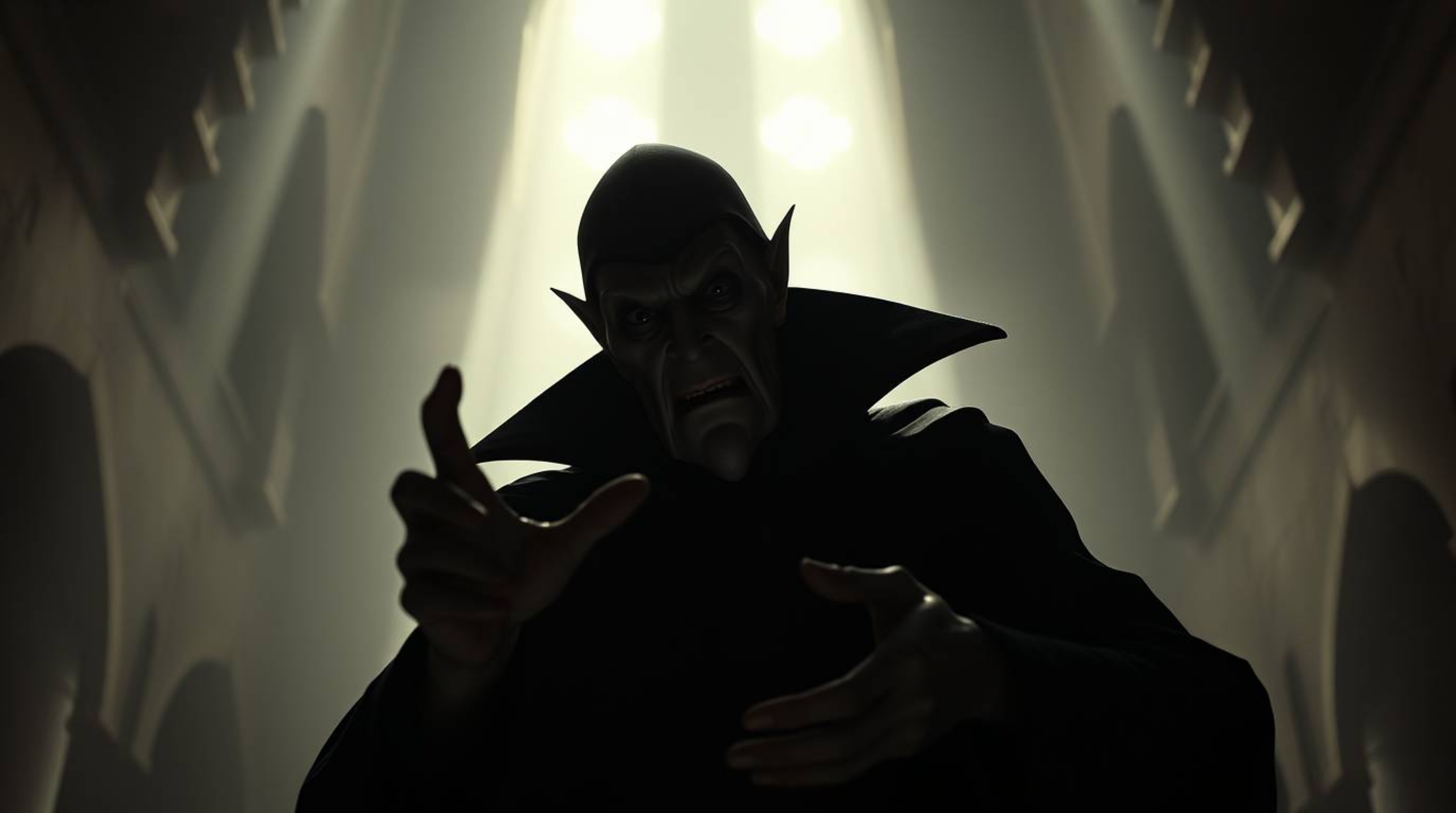 A classic Disney villain with sharp features and pale skin is brought to life in a moody scene, illuminated by volumetric lig