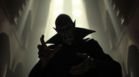 A classic Disney villain with sharp features and pale skin is brought to life in a moody scene, illuminated by volumetric lig