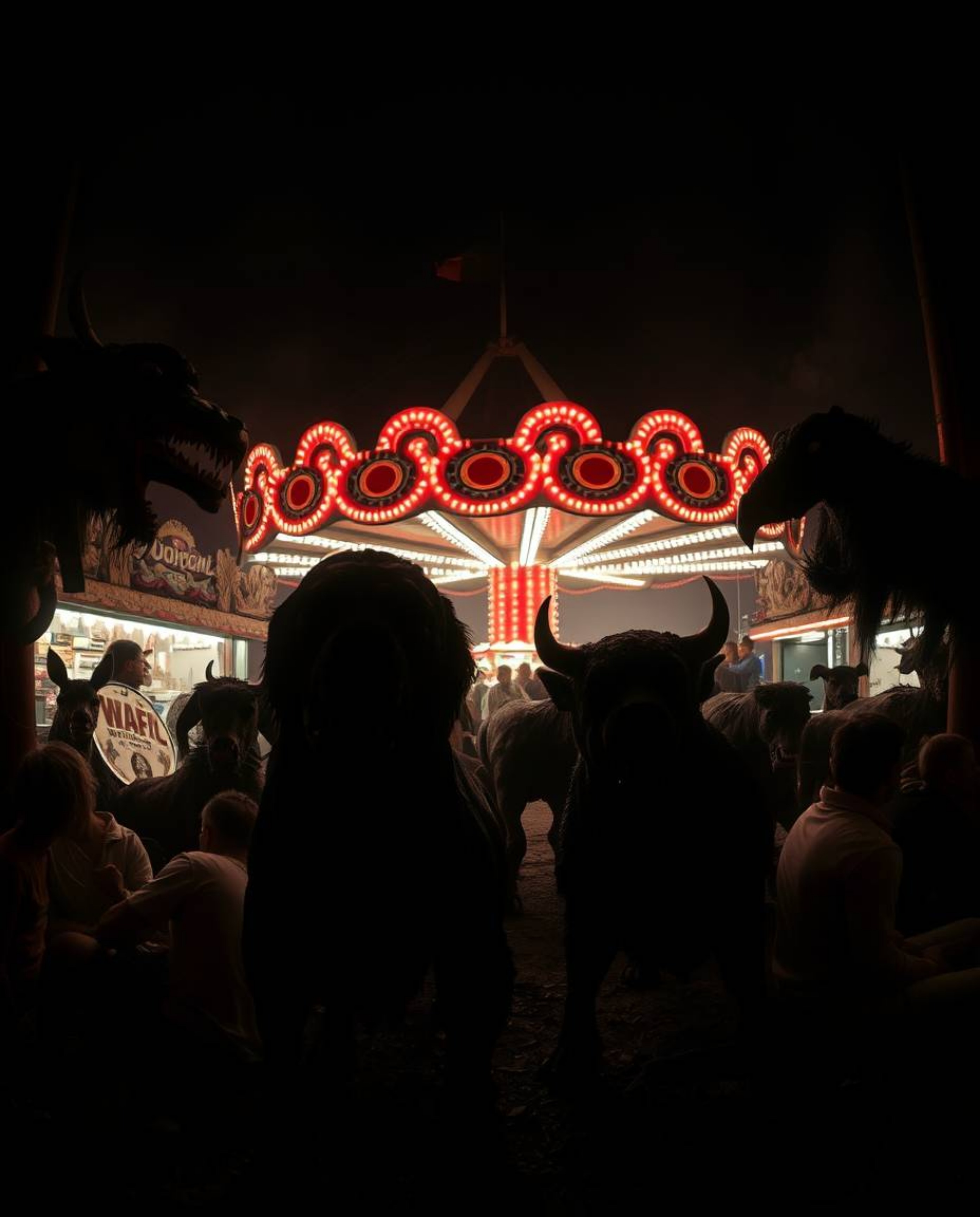 Explore a haunting, high-contrast photograph of a carnival overrun by wild animals. This eerie and creepy scene is brought to
