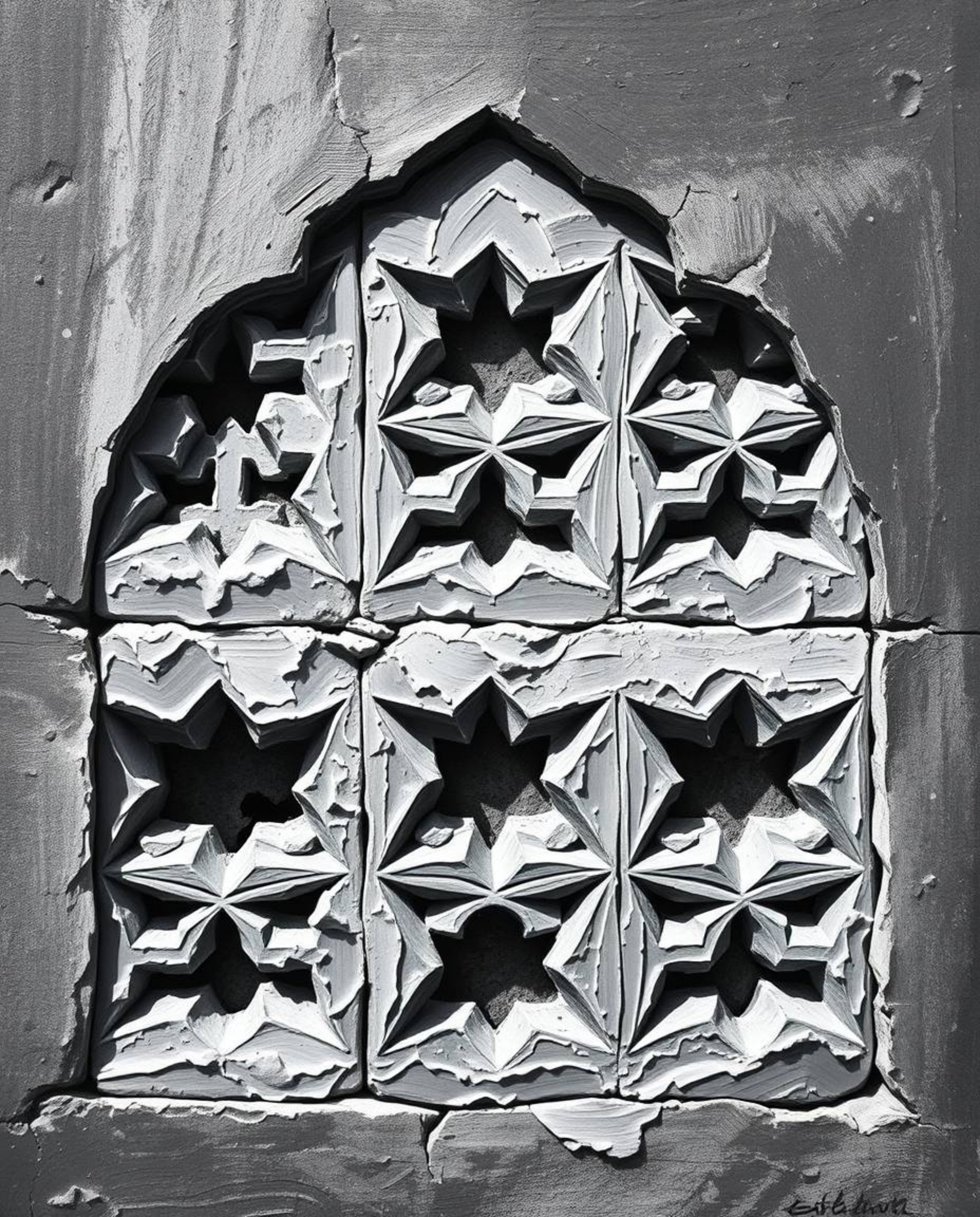 A captivating black and white acrylic painting that beautifully portrays Islamic geometric patterns intricately carved in sto