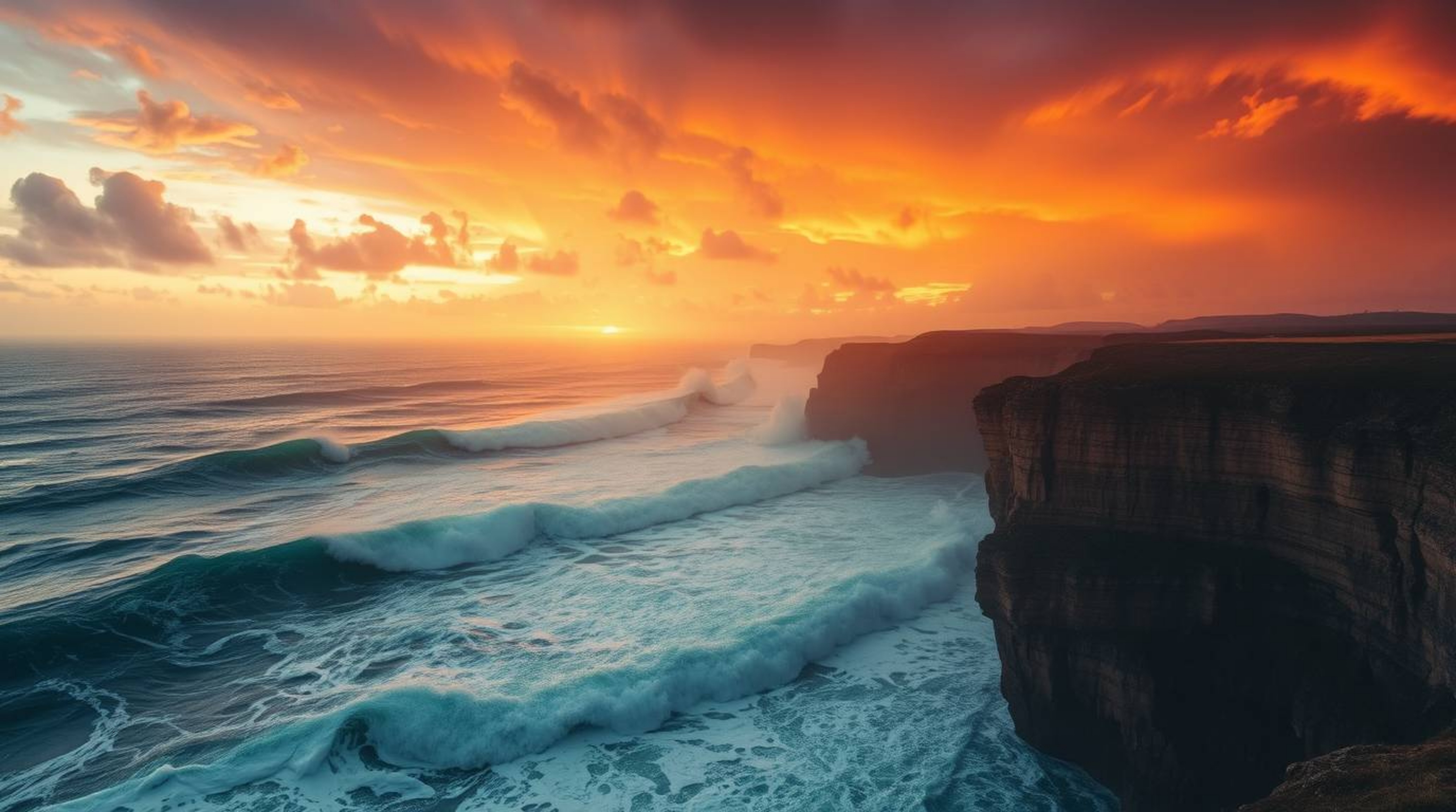 Experience the intense drama of crashing waves against towering cliffs beneath a blazing sunset sky. This captivating scene e