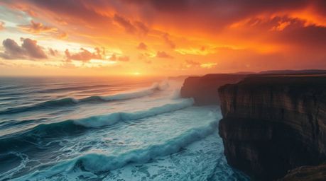 Experience the intense drama of crashing waves against towering cliffs beneath a blazing sunset sky. This captivating scene e