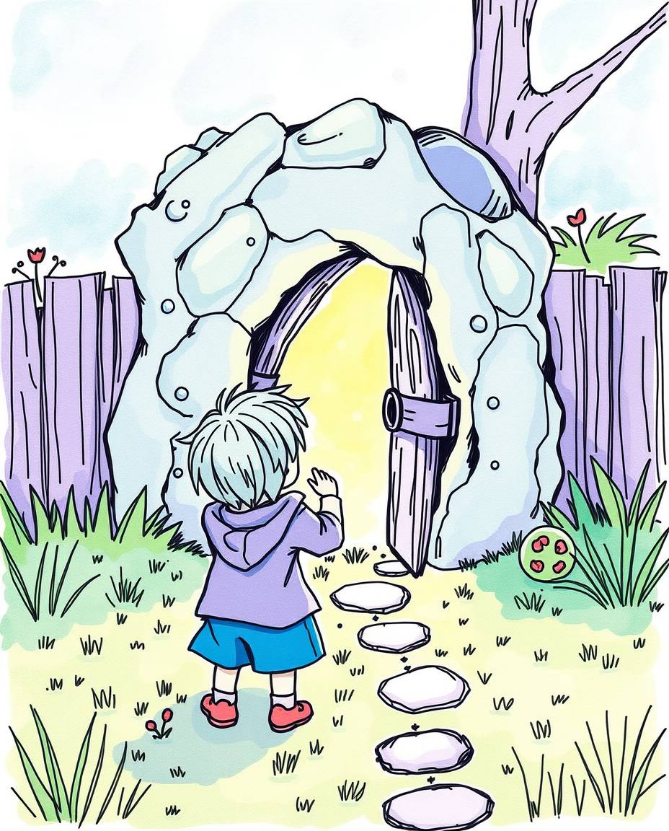 A captivating hand-drawn sketchnote depicts a child's wondrous discovery of a magical portal hidden in their backyard.  The i
