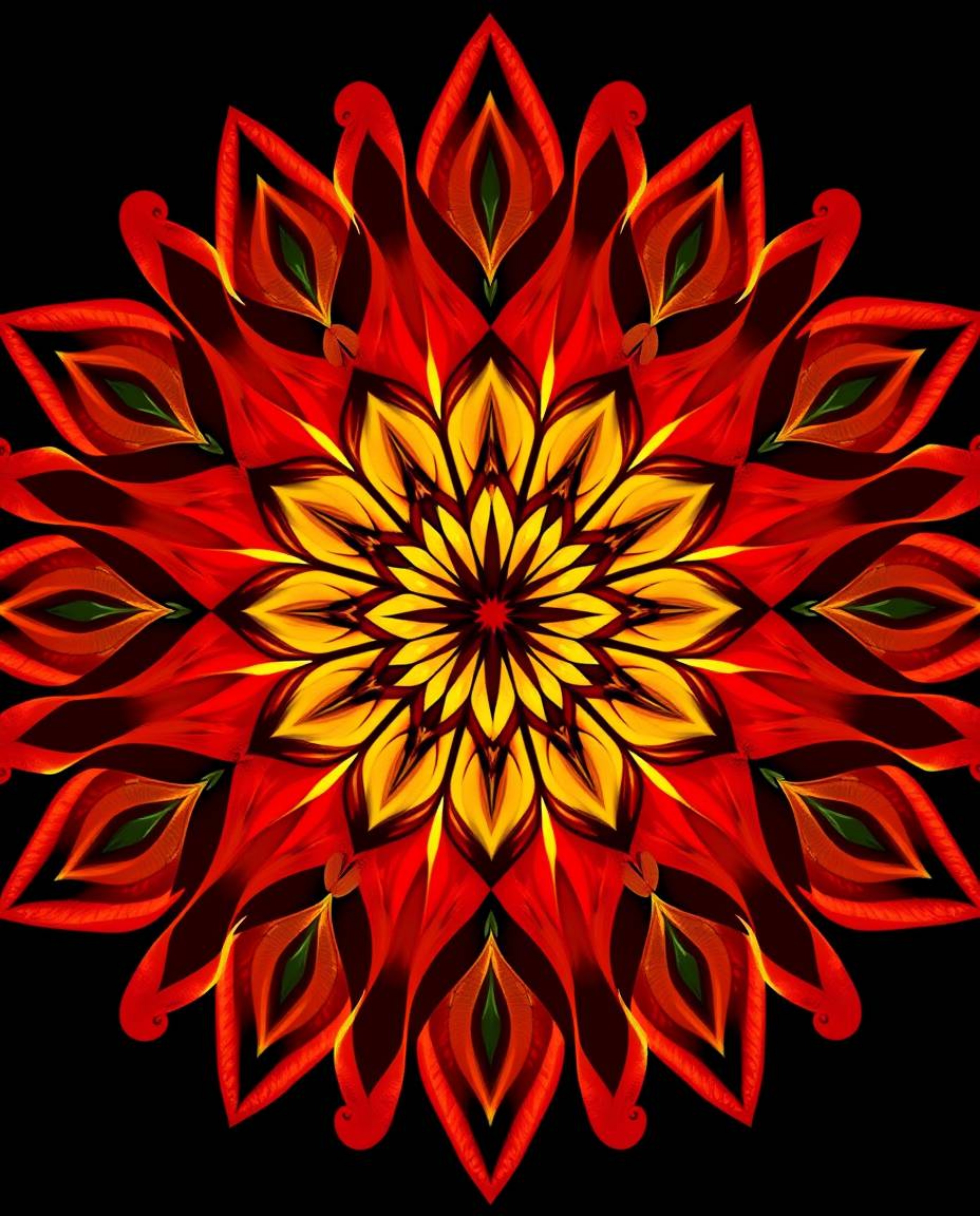 Explore the beauty of geometric floral mandalas featuring vibrant and warm colors like reds, oranges, and yellows. These symm