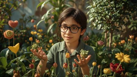 A highly detailed, high-resolution stock photo featuring a young, bespectacled homeschooled genius, reminiscent of Pixar char