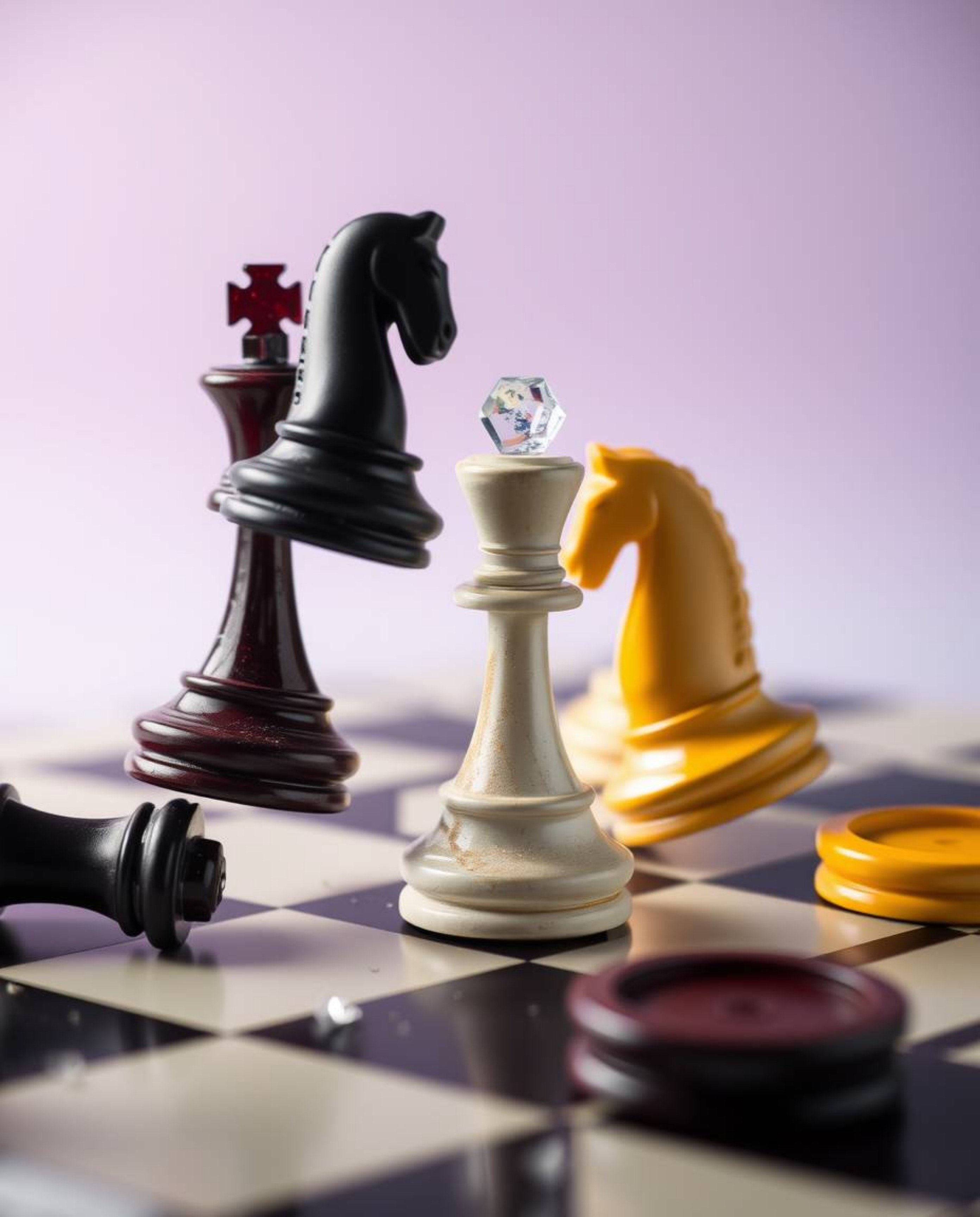 A mesmerizing image capturing the dynamic energy of a chessboard frozen in a moment of destruction, with pieces suspended mid
