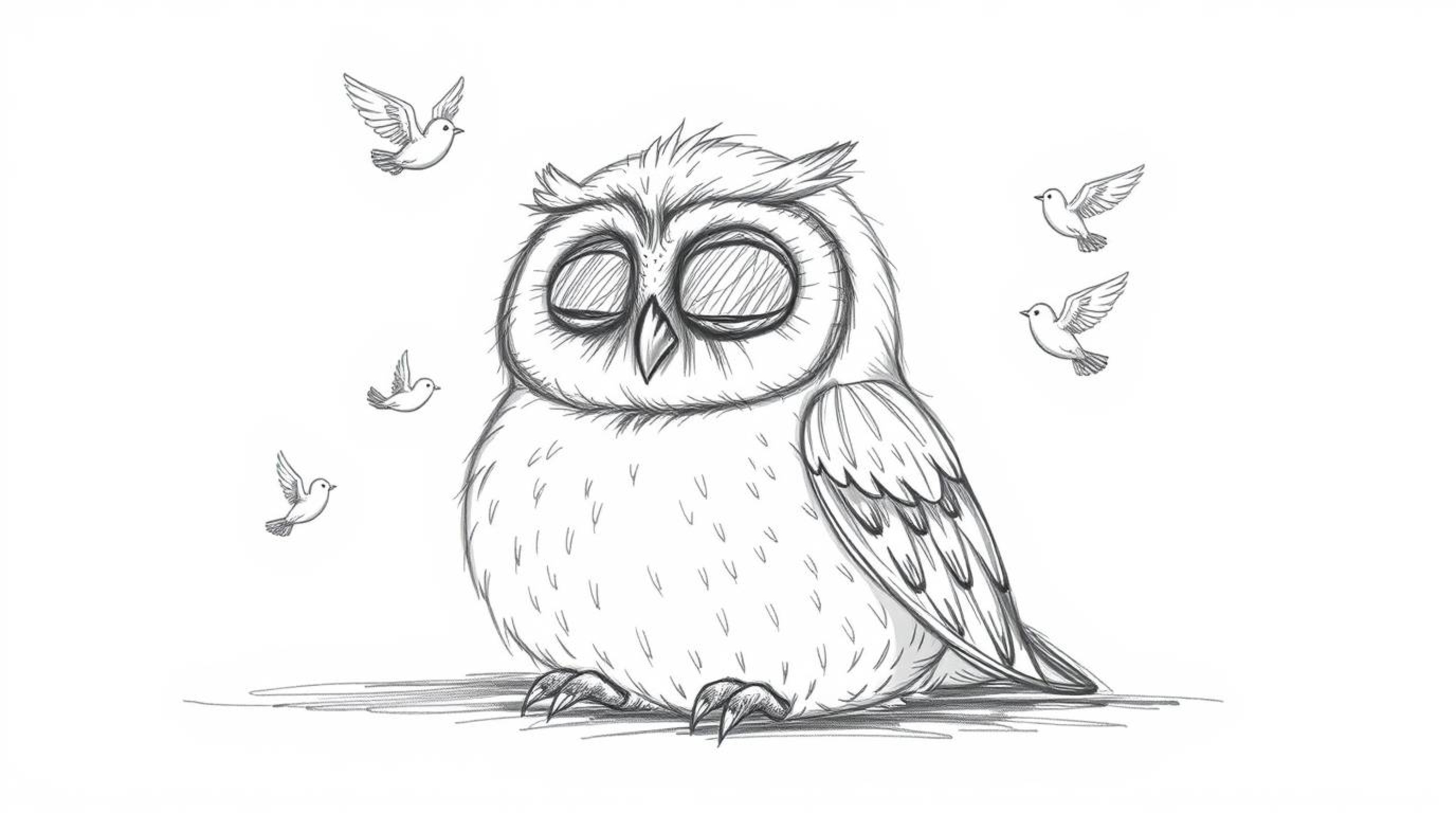 A heartwarming, hand-drawn sketch in the style of Pixar portrays a blind owl, peacefully resting against a stark white backgr
