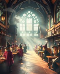 Immerse yourself in a magical school brimming with young wizards, bathed in a soft, dreamy atmosphere. Hazy, gentle light ill