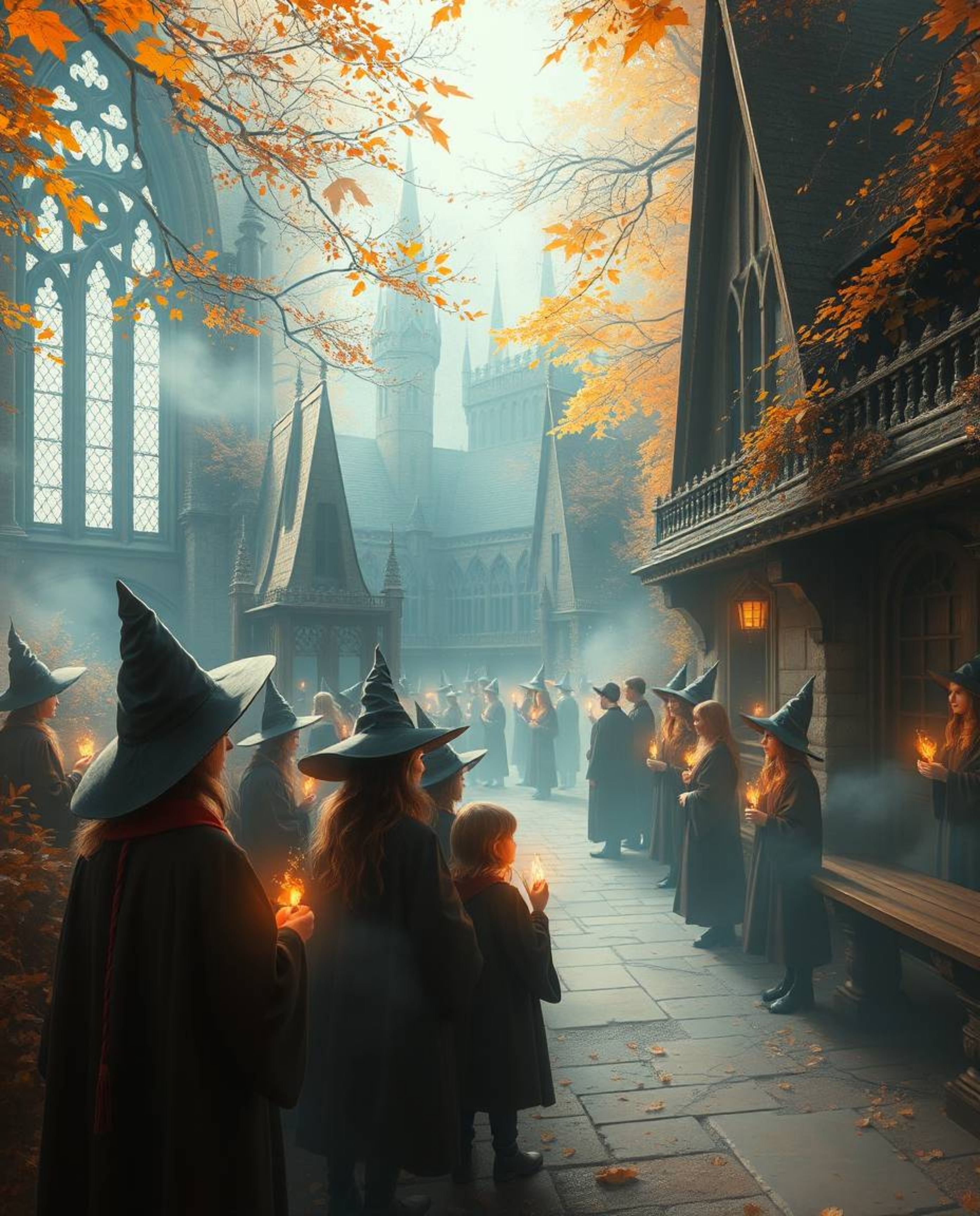 Discover a captivating image of a magical school brimming with young wizards.  The scene is imbued with an ethereal and spiri