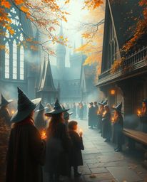 Discover a captivating image of a magical school brimming with young wizards.  The scene is imbued with an ethereal and spiri