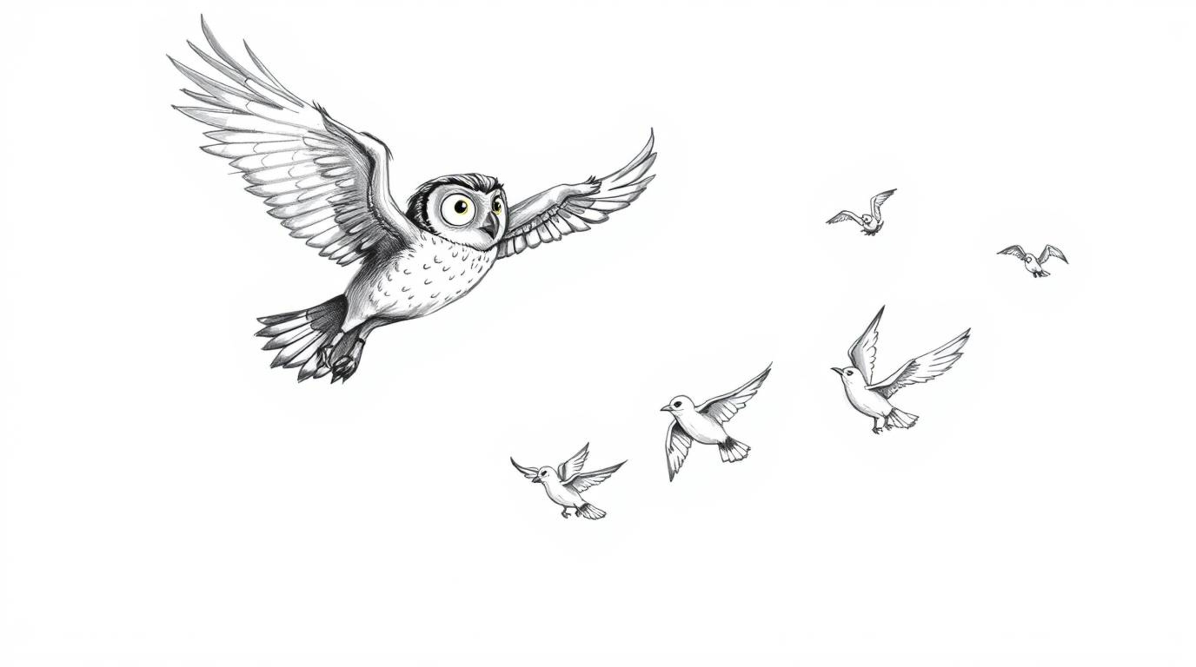 A heartwarming hand-drawn sketch in the style of Pixar, capturing a blind owl mid-flight as it guides a group of birds in the