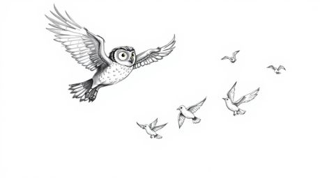A heartwarming hand-drawn sketch in the style of Pixar, capturing a blind owl mid-flight as it guides a group of birds in the