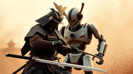 A stunning professional photograph capturing a dramatic clash between a samurai warrior and a futuristic robot in a desolate,