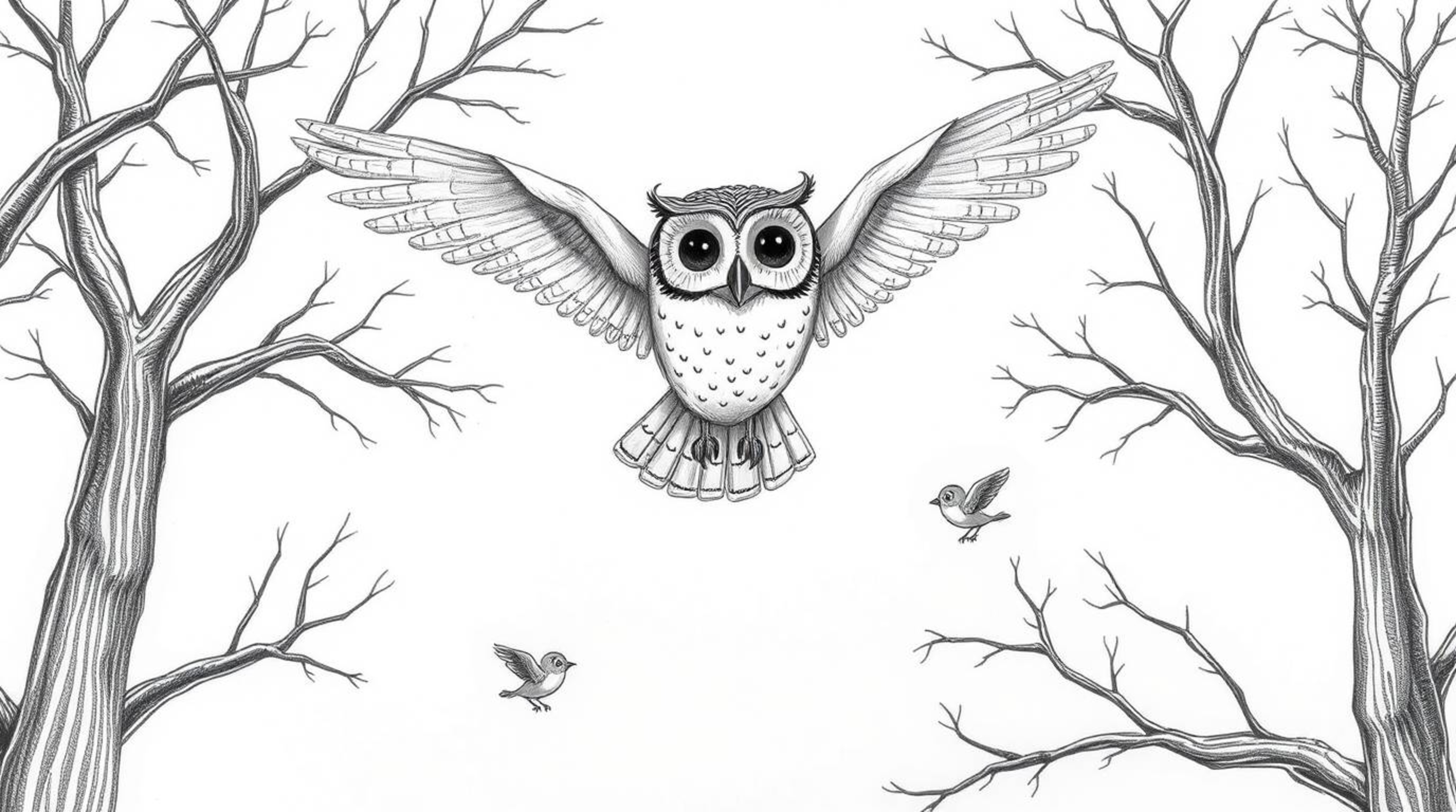 A charming, hand-drawn Pixar-esque depiction of a blind owl in flight between the branches of detailed trees.  The owl's wing