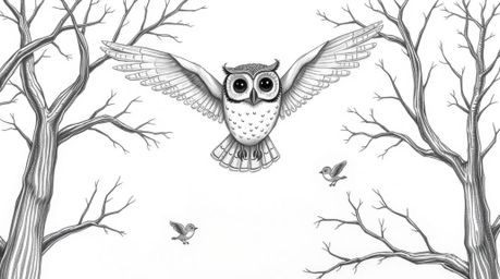 A charming, hand-drawn Pixar-esque depiction of a blind owl in flight between the branches of detailed trees.  The owl's wing