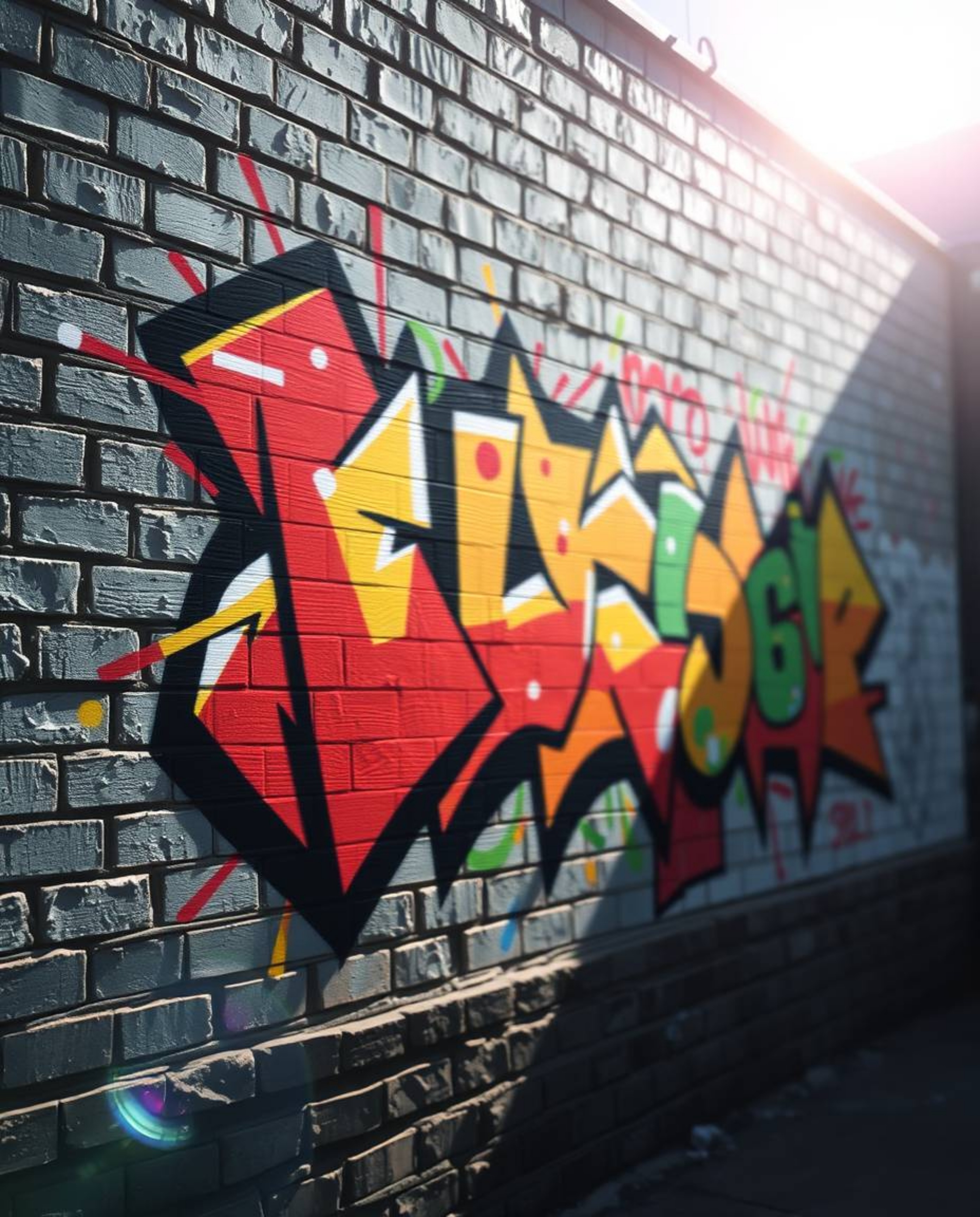 A dynamic graffiti-style mural painted on a brick wall, bathed in strong, direct light, creates a vibrant and energetic scene