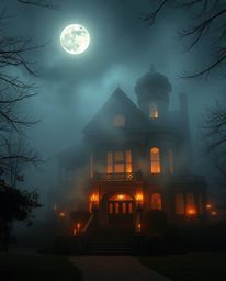 Experience the ethereal beauty of a fog-covered Victorian mansion bathed in warm candlelight under the moonlight. This scene 