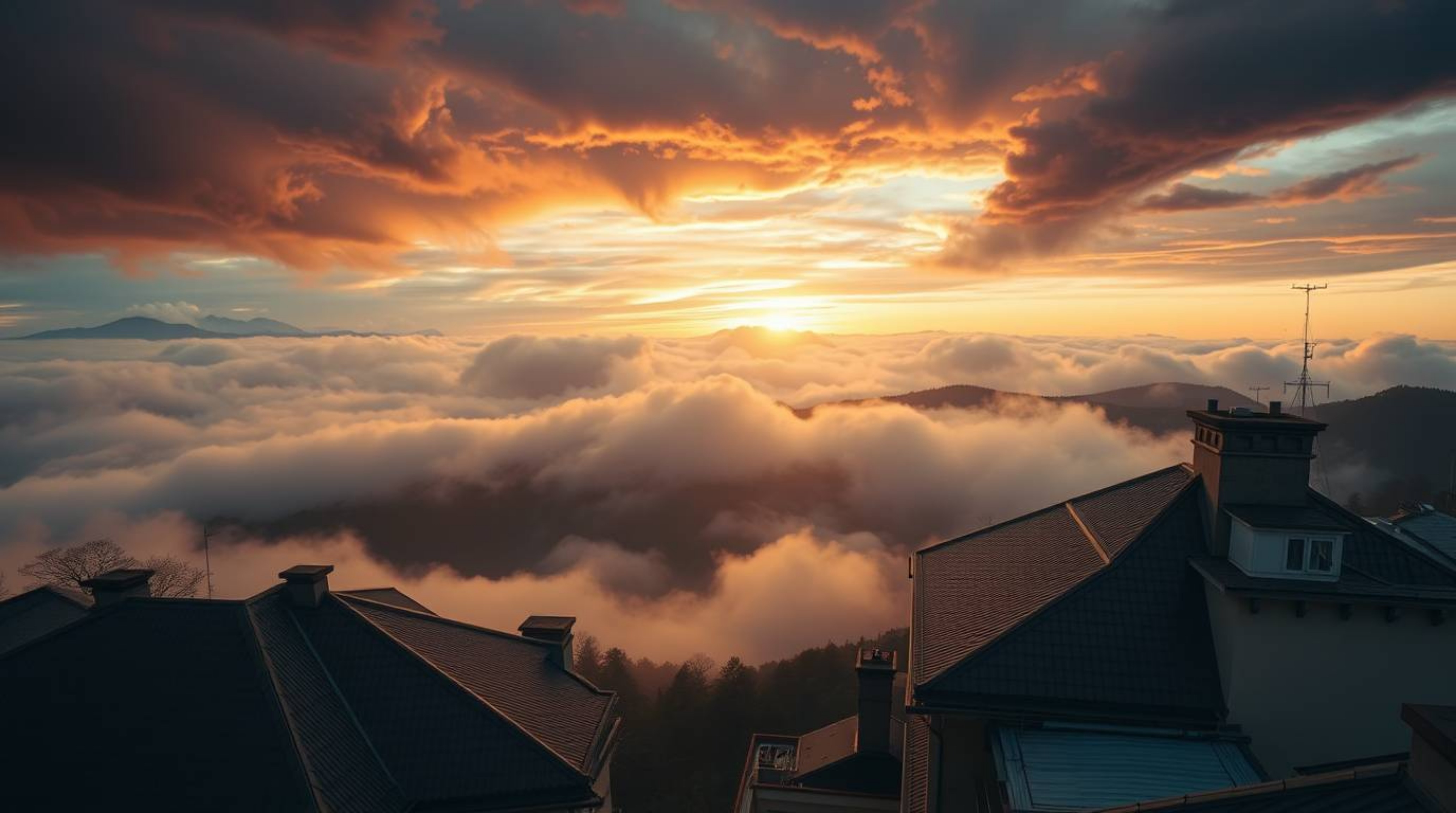 Capture the intense drama of architectural photography with stunning images featuring fog-covered hills, vibrant sunset light