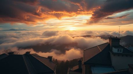 Capture the intense drama of architectural photography with stunning images featuring fog-covered hills, vibrant sunset light