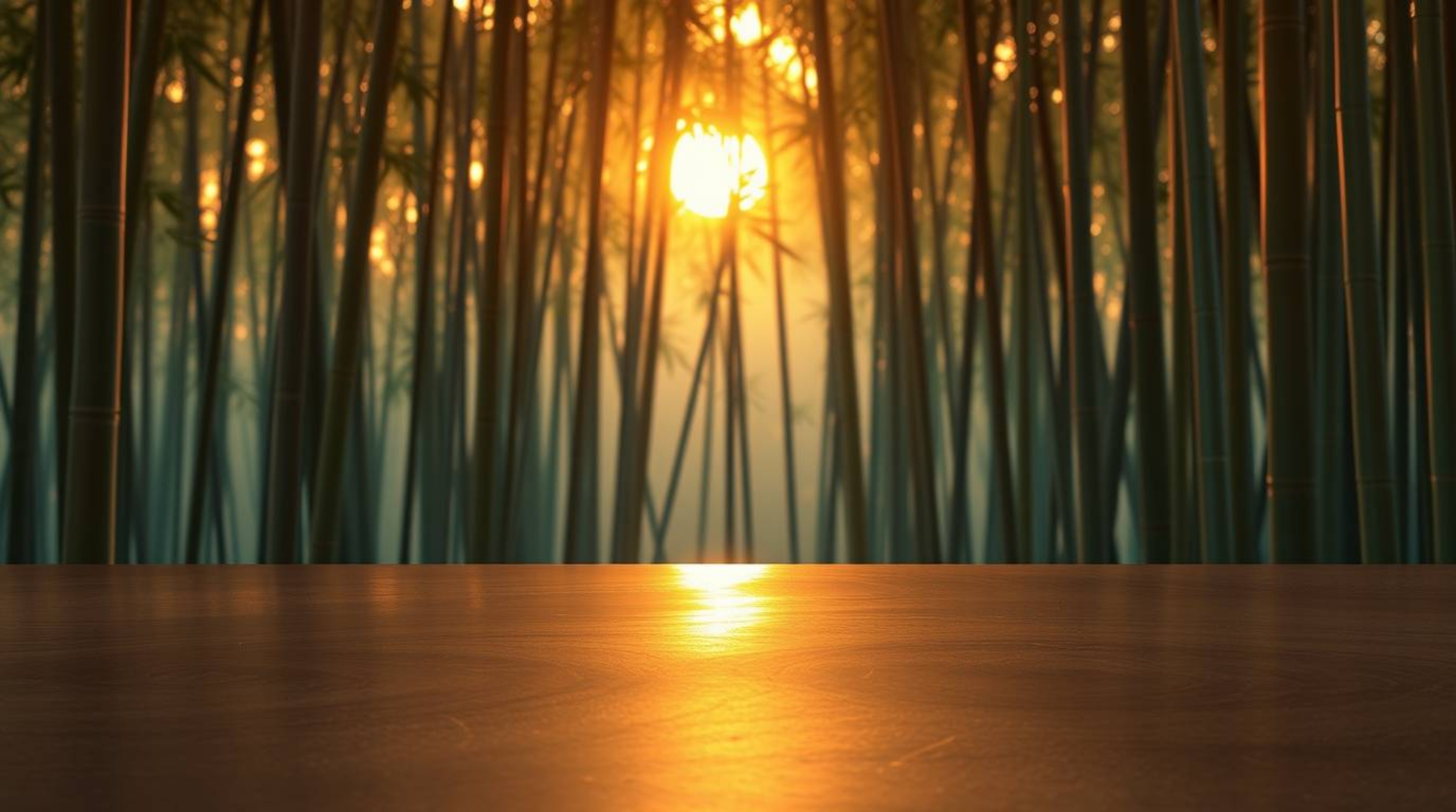 Capture the serene beauty of a bamboo forest illuminated by the warm glow of a sunset. The scene features a bronze surface wi