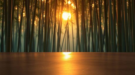 Capture the serene beauty of a bamboo forest illuminated by the warm glow of a sunset. The scene features a bronze surface wi