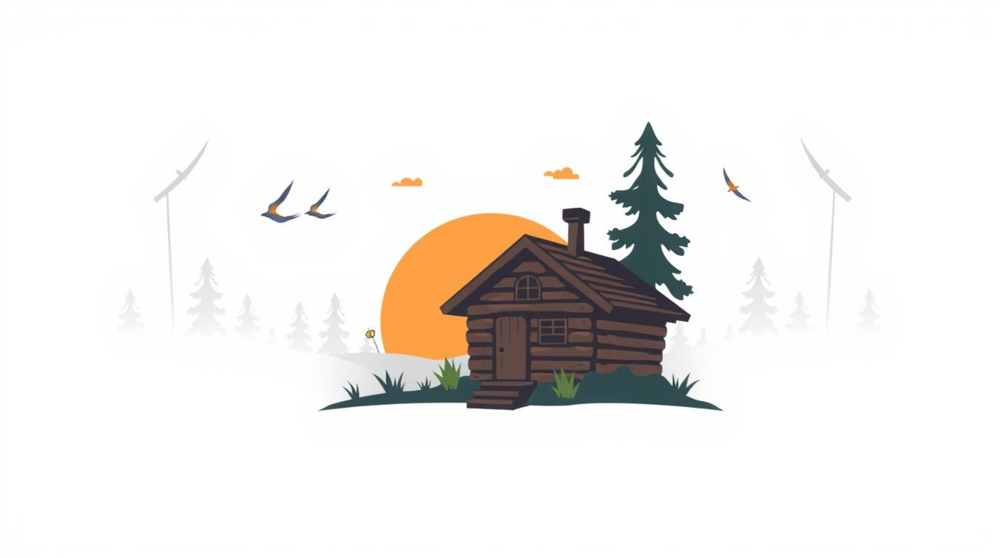 This adorable geometric logo features an old wooden cabin nestled in a sunset woods scene. With clean lines, balanced symmetr