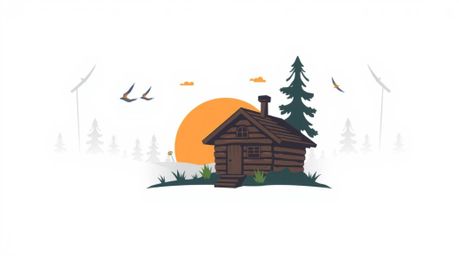 This adorable geometric logo features an old wooden cabin nestled in a sunset woods scene. With clean lines, balanced symmetr