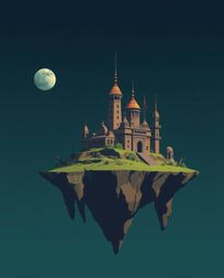 This captivating artwork depicts a surreal floating island adorned with peculiar architecture, all rendered in a modern flat 