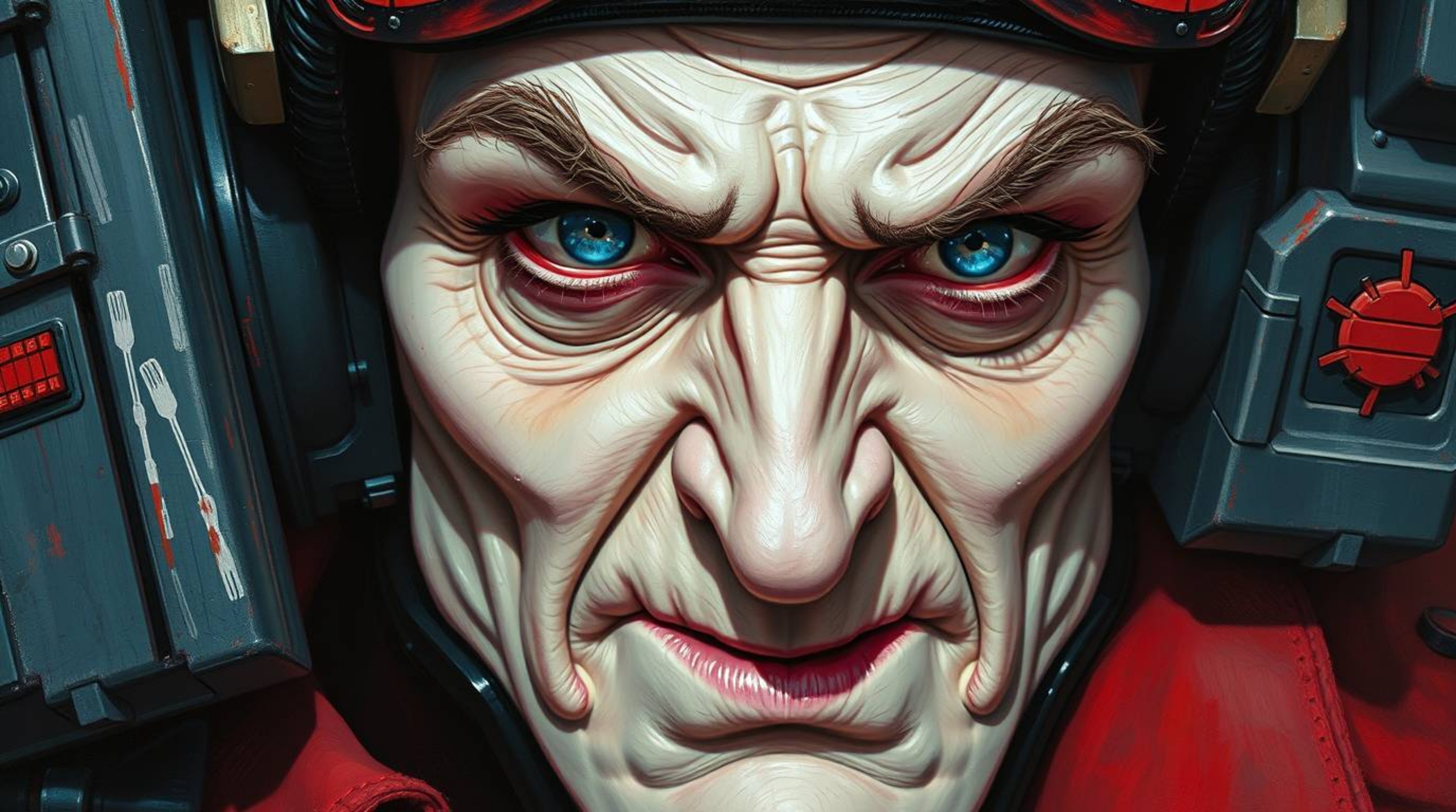Explore an extreme macro close-up of a villain in a high-tech environment, portrayed in a bold acrylic painting style. This a