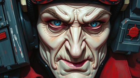 Explore an extreme macro close-up of a villain in a high-tech environment, portrayed in a bold acrylic painting style. This a