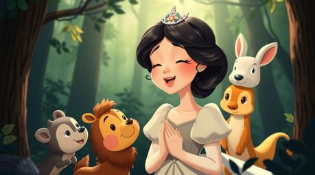 A captivating scene unfolds featuring a princess with delicate features and fair skin, joyfully singing alongside a variety o