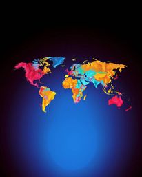Explore a sophisticated and elegant abstract world map brought to life with rich burgundy and deep blue hues, accented by bri