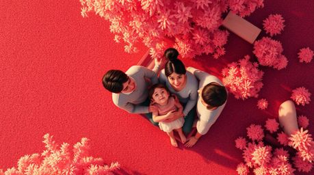 Experience a heartwarming family reunion depicted in a vibrant, Pixar-style illustration. Imagine a surreal scene bathed in i