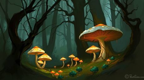 This dynamic digital sketch transports you to a vintage-style enchanted forest, illuminated by glowing mushrooms. The loose p