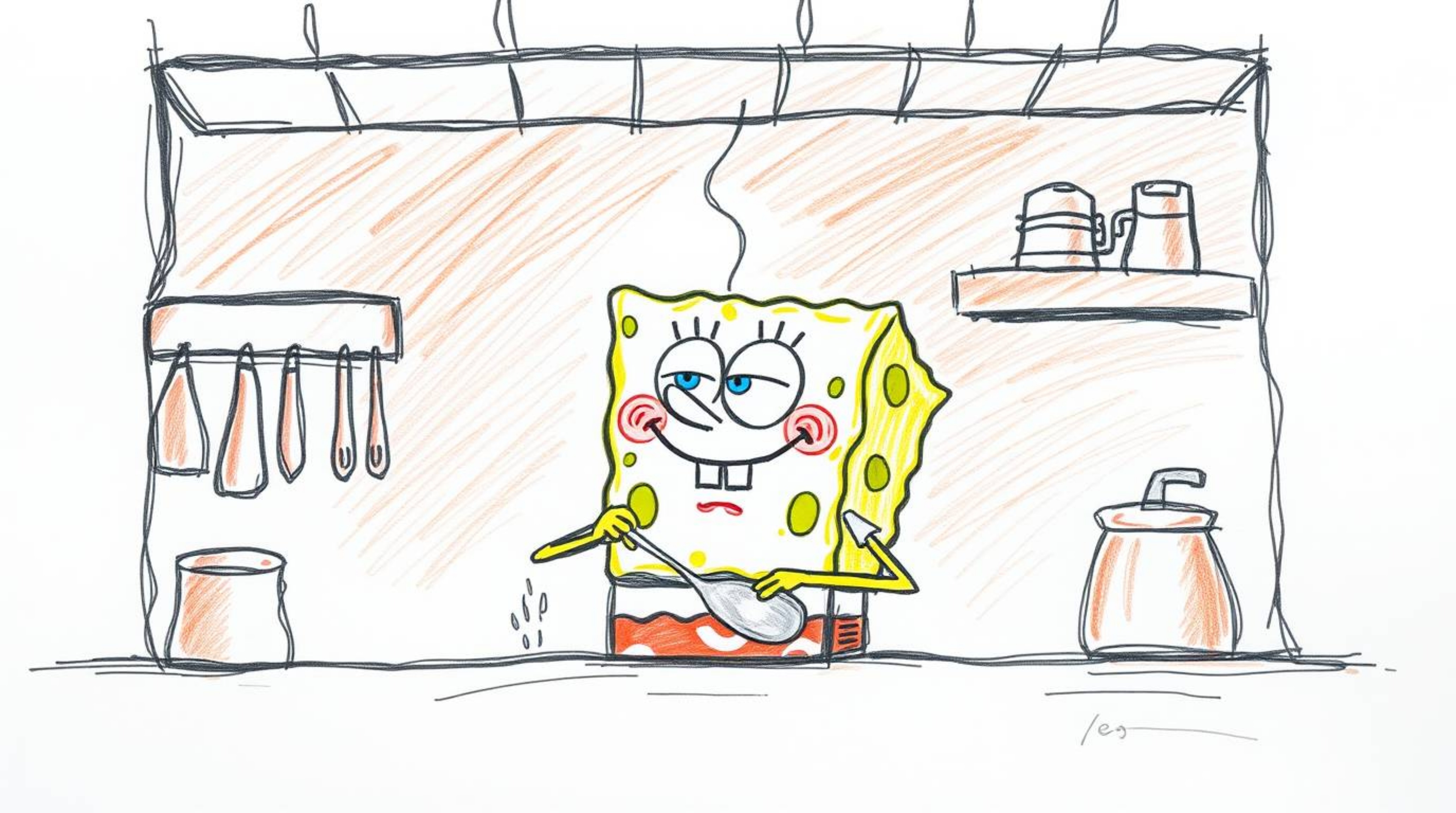 This artwork features a hand-drawn sketch of a charming sponge character diligently cooking in a vibrant underwater kitchen. 