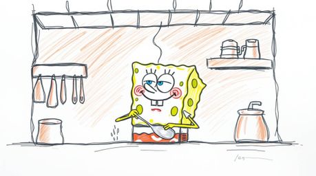 This artwork features a hand-drawn sketch of a charming sponge character diligently cooking in a vibrant underwater kitchen. 