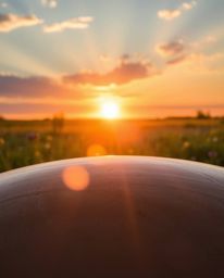 A photograph captures a dramatic sunset over a spring wildflower meadow, uniquely featuring a bright lens flare cast upon a b