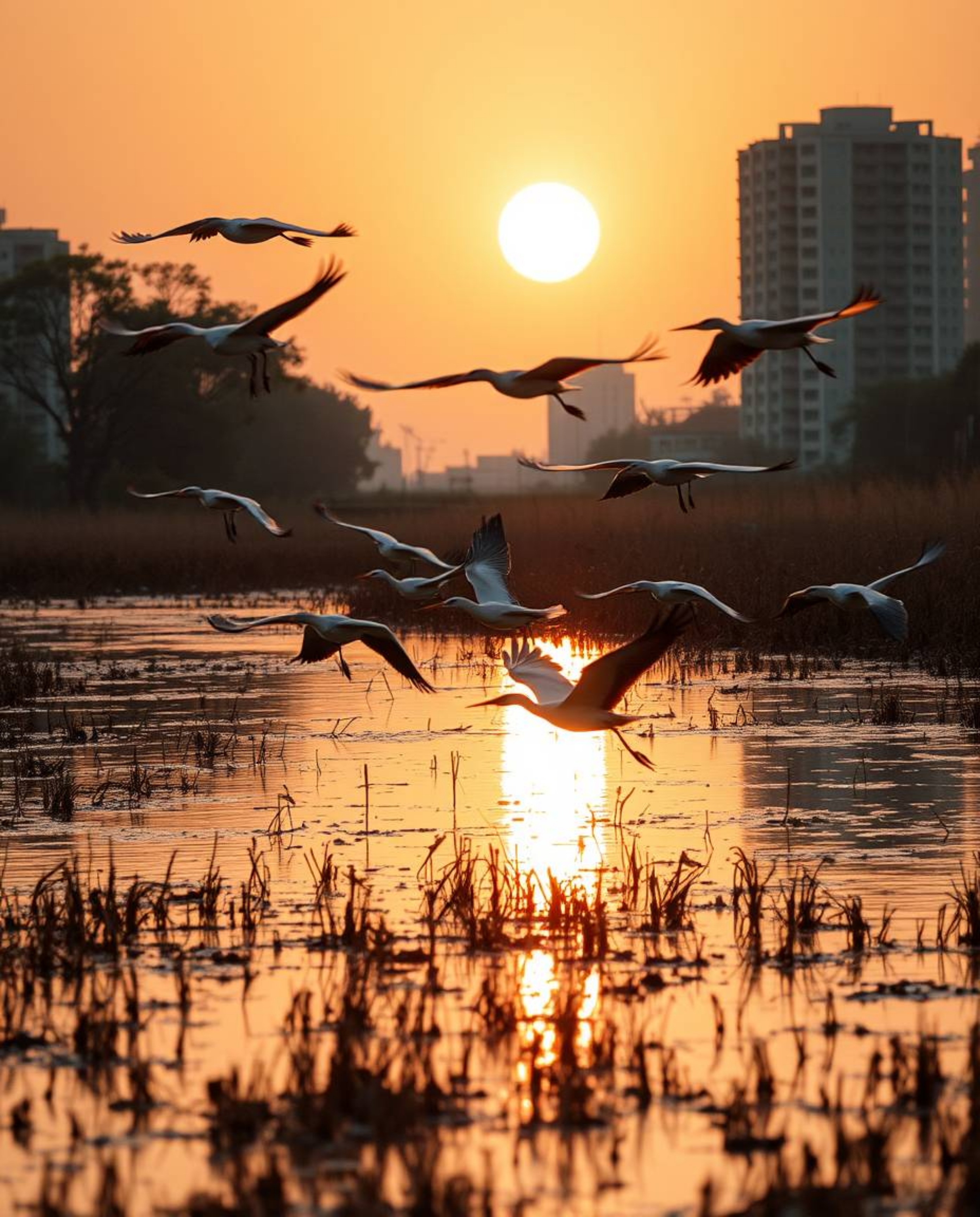 A candid street photography style image capturing a Golden hour wetland scene with herons in flight. This photograph features