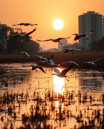 A candid street photography style image capturing a Golden hour wetland scene with herons in flight. This photograph features