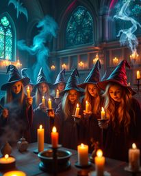Discover a magical school brimming with young wizards, radiating an ethereal and spiritual atmosphere.  Imagine warm candleli