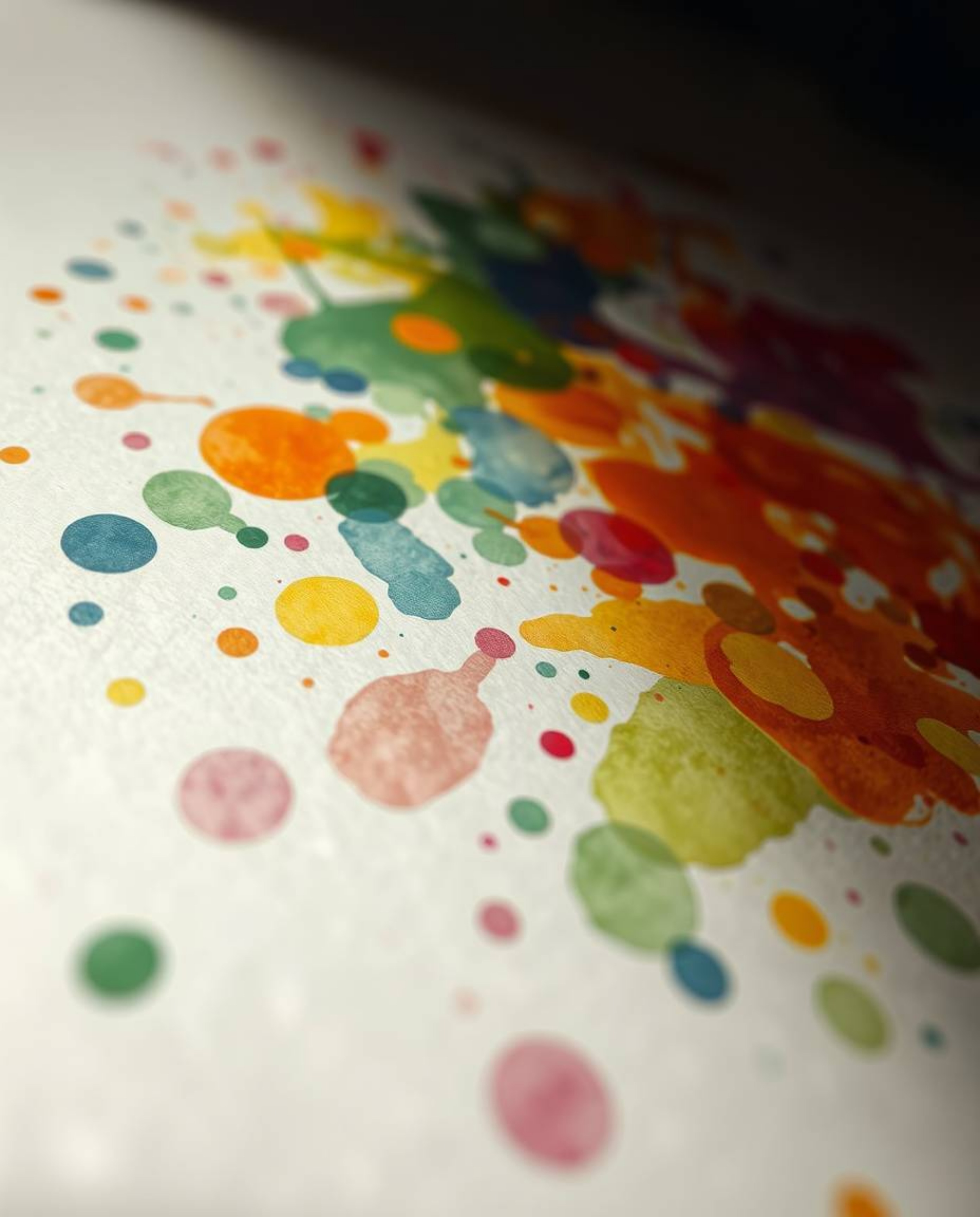 A captivating low-angle perspective image featuring colorful watercolor splashes blending on paper, showcasing vivid tones an