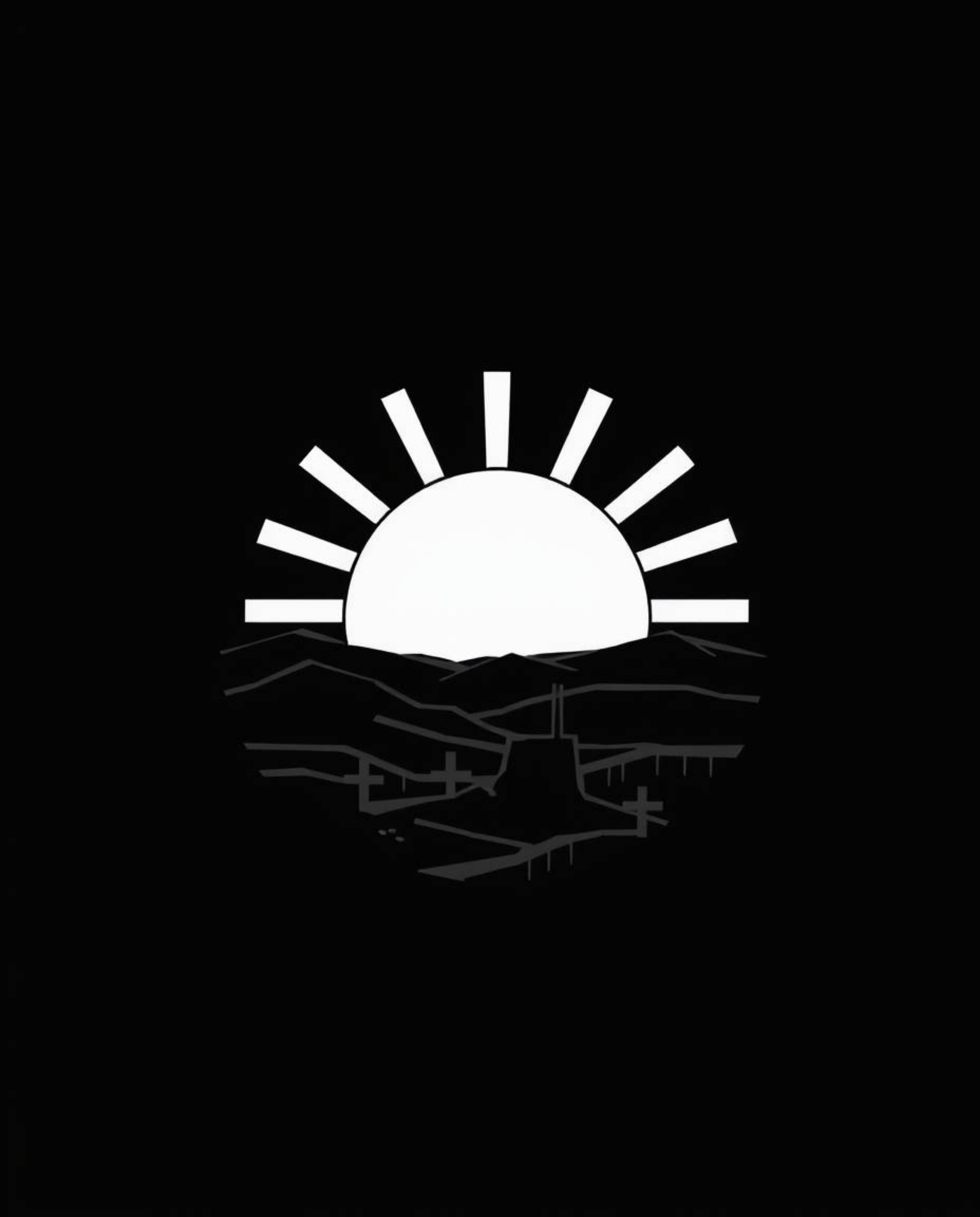 This logo design features a classic black and white aesthetic inspired by cinematic visuals. It depicts a sunrise over a war-