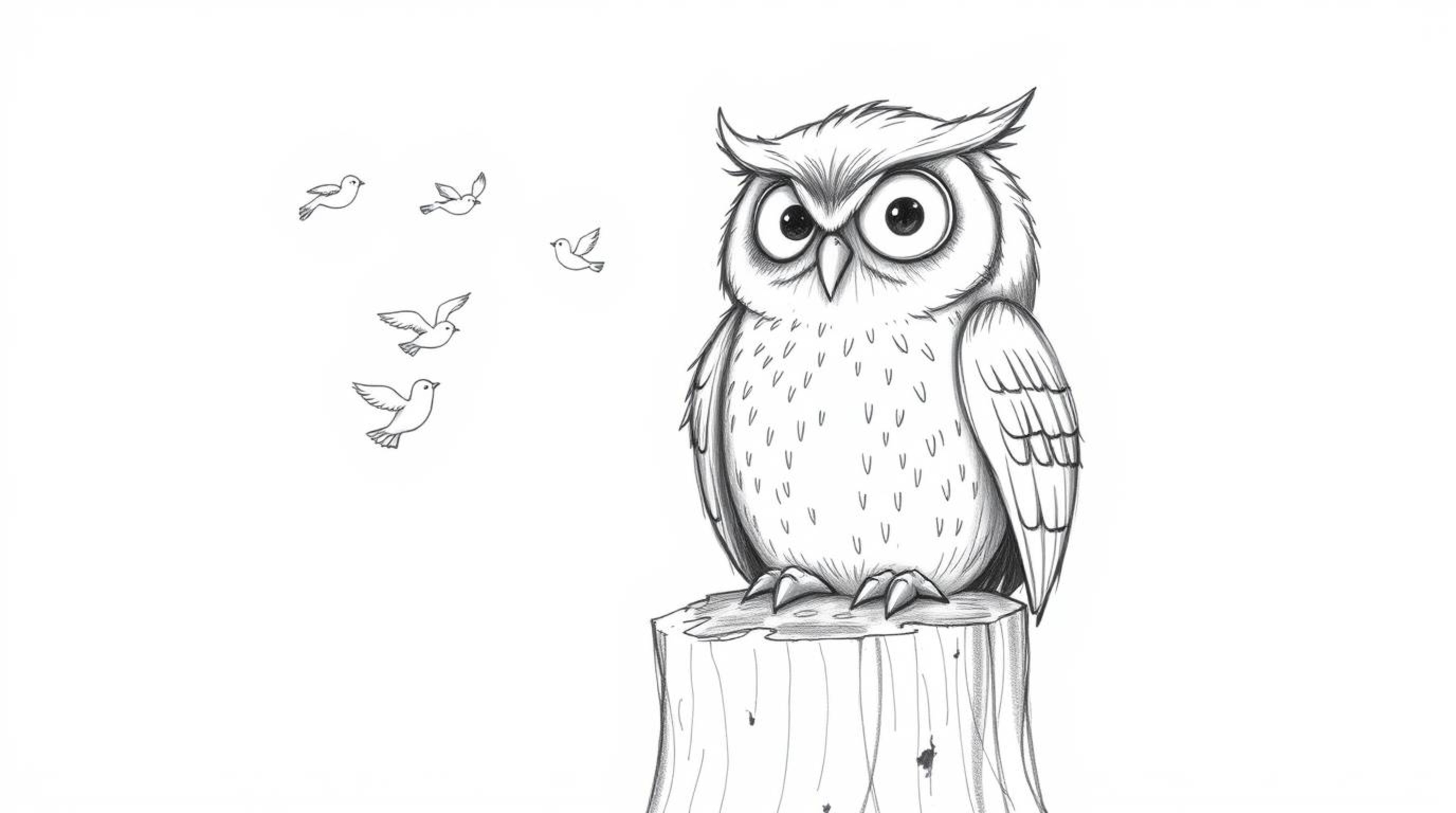 A heartwarming hand-drawn pencil sketch in the style of Pixar portrays a blind owl with a gentle expression, perched on a tre