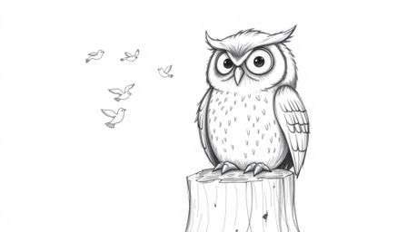 A heartwarming hand-drawn pencil sketch in the style of Pixar portrays a blind owl with a gentle expression, perched on a tre