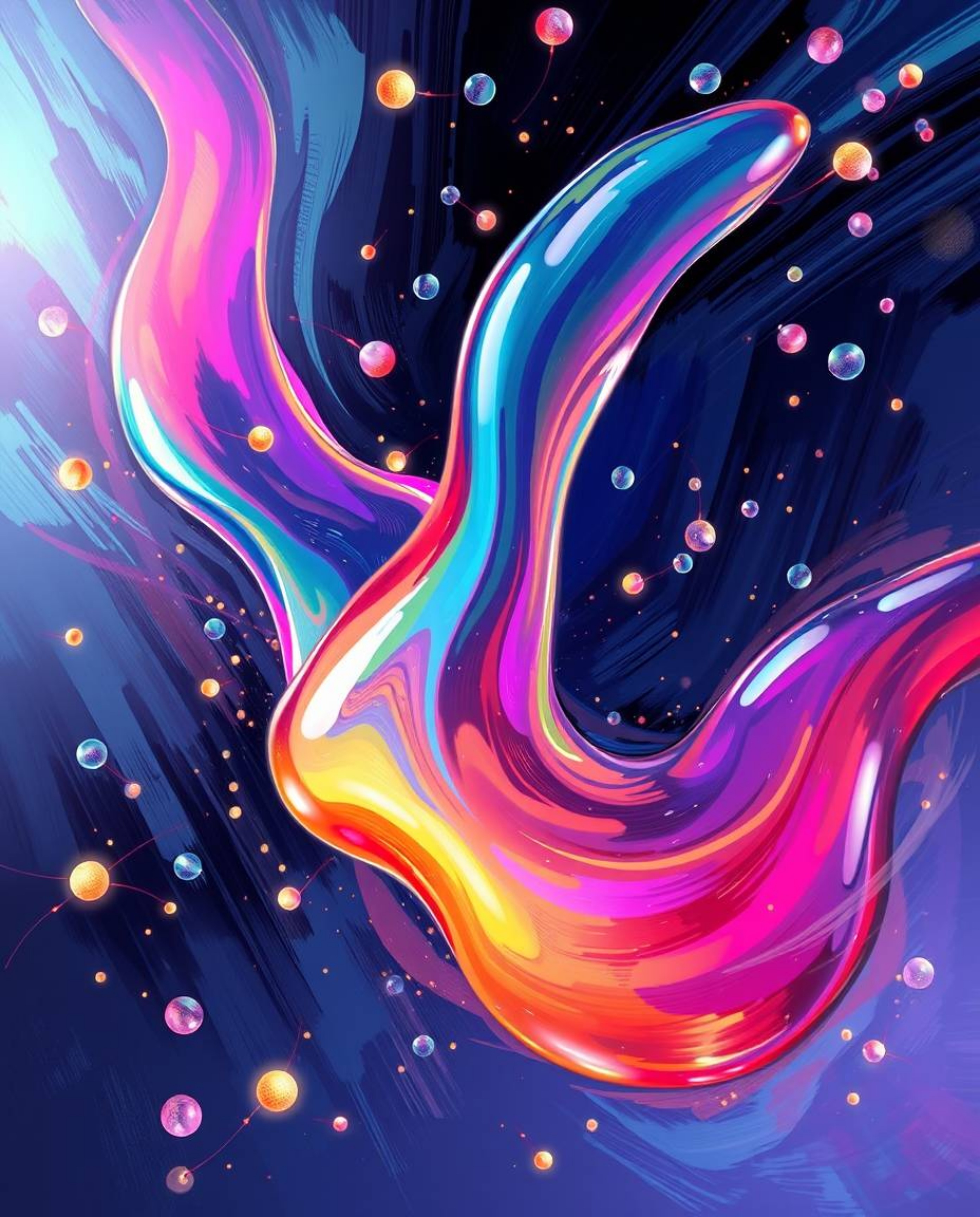 This dynamic digital acrylic painting showcases glassy fluid 3D shapes in constant motion, enveloped by an ethereal aura of g