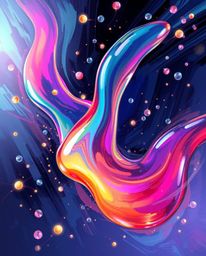 This dynamic digital acrylic painting showcases glassy fluid 3D shapes in constant motion, enveloped by an ethereal aura of g