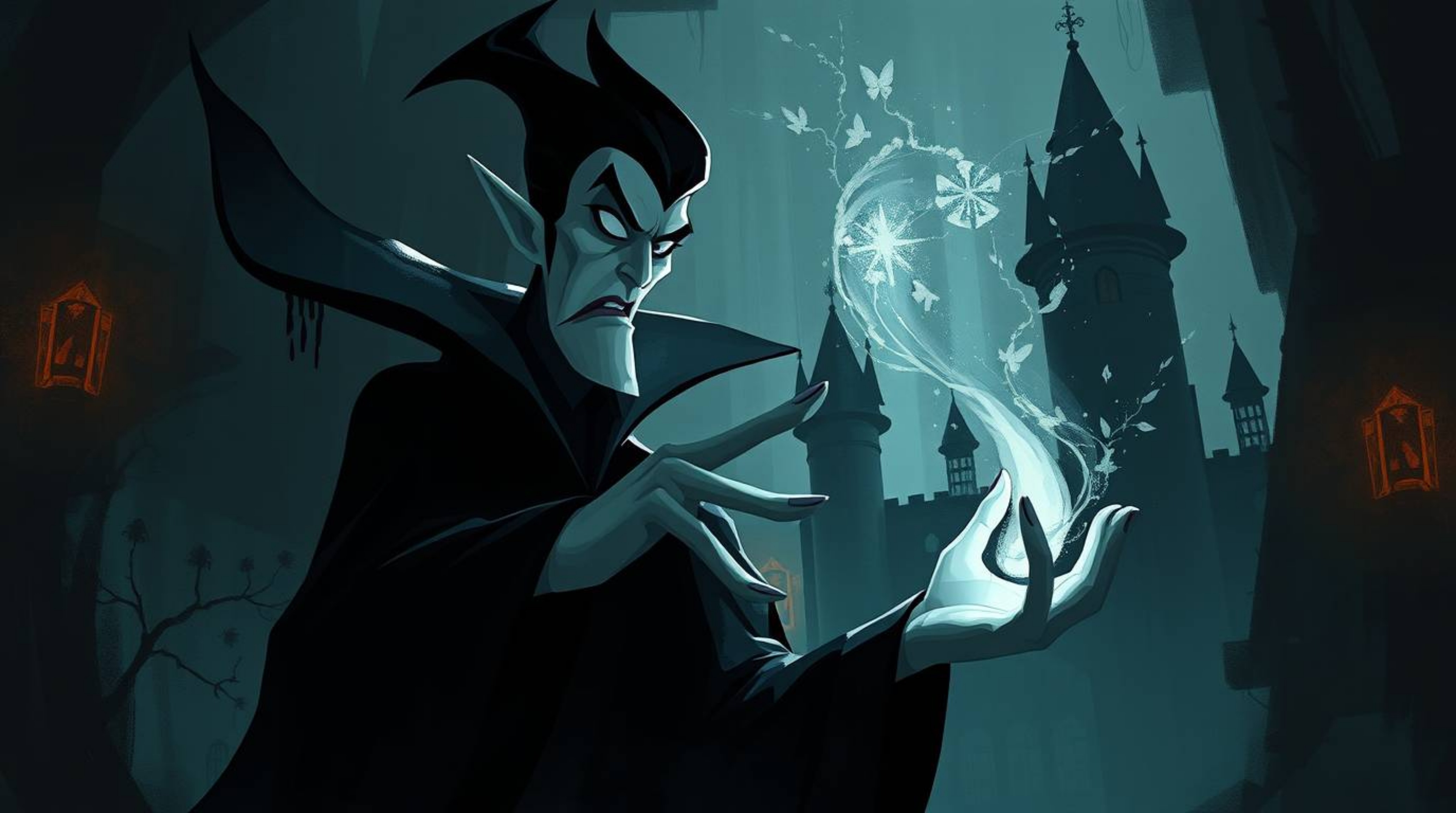 A moody digital painting showcases a classic Disney villain with sharp features and pale skin, casting a spell within an old
