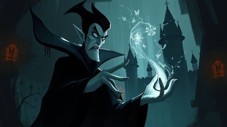 A moody digital painting showcases a classic Disney villain with sharp features and pale skin, casting a spell within an old